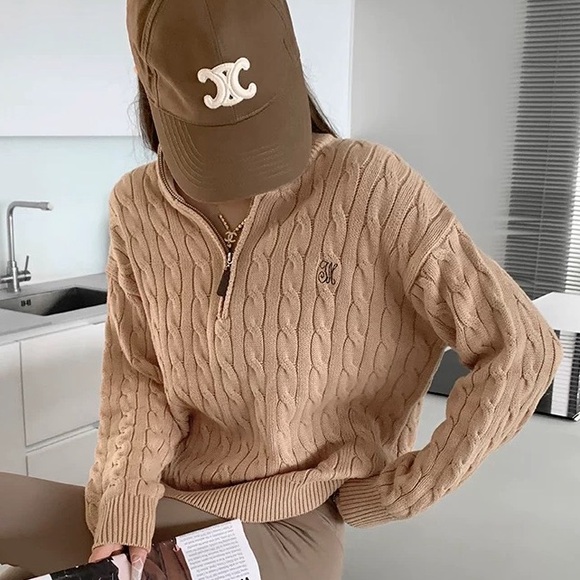 New Beige Cable Knit Quarter-Zip Sweater - Picture 1 of 4